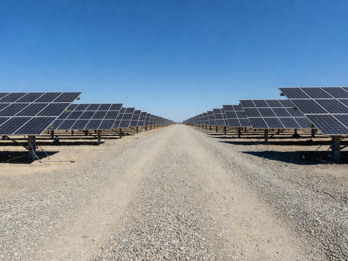 Clear gravel access road leading through a large solar farm installation