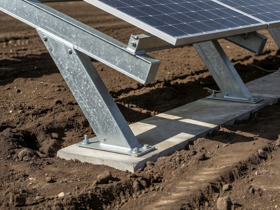 Close up view of the steel structural supports of a solar panel integrated into maintained soil