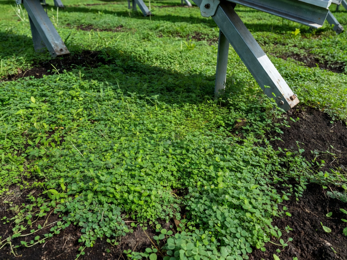 Close view of healthy low-lying ground cover protecting the soil beneath solar panel mounts