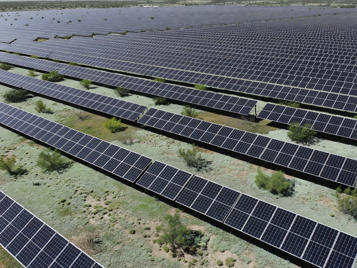 Expansive utility-scale solar array with closely managed vegetation underneath the panels