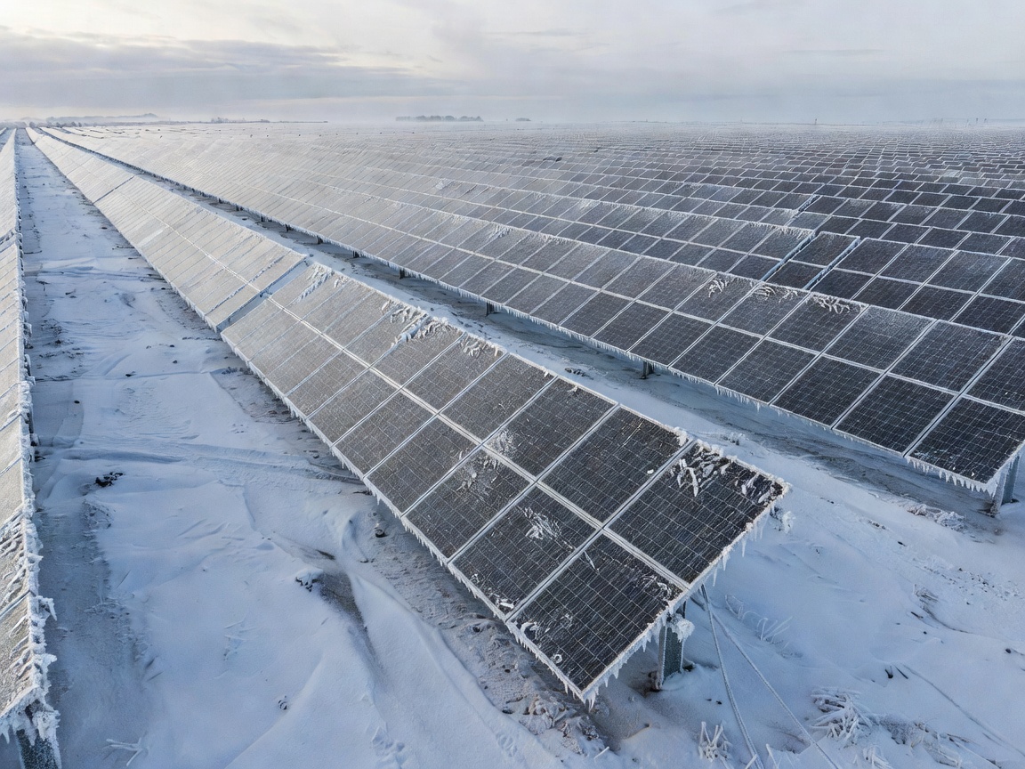 Frost covered solar field demonstrating winter site conditions