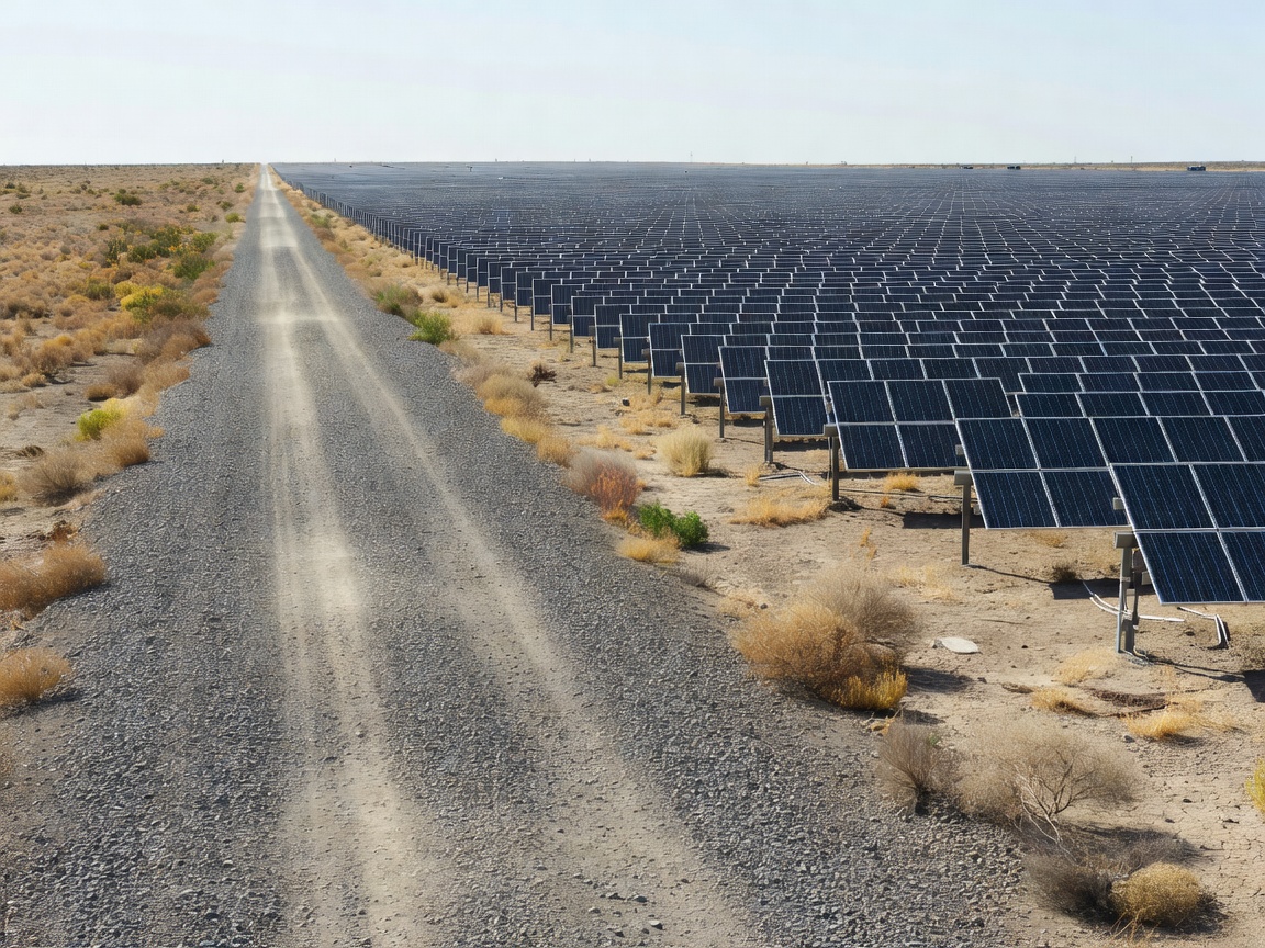 Long straight gravel service road running alongside a large utility solar array