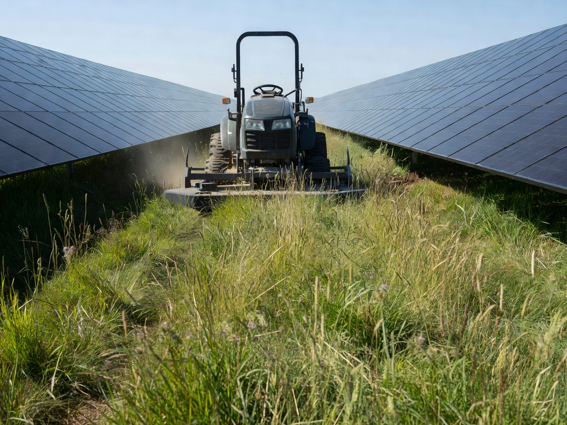 Low profile utility tractor mowing tall grass tightly between rows of dark solar panels