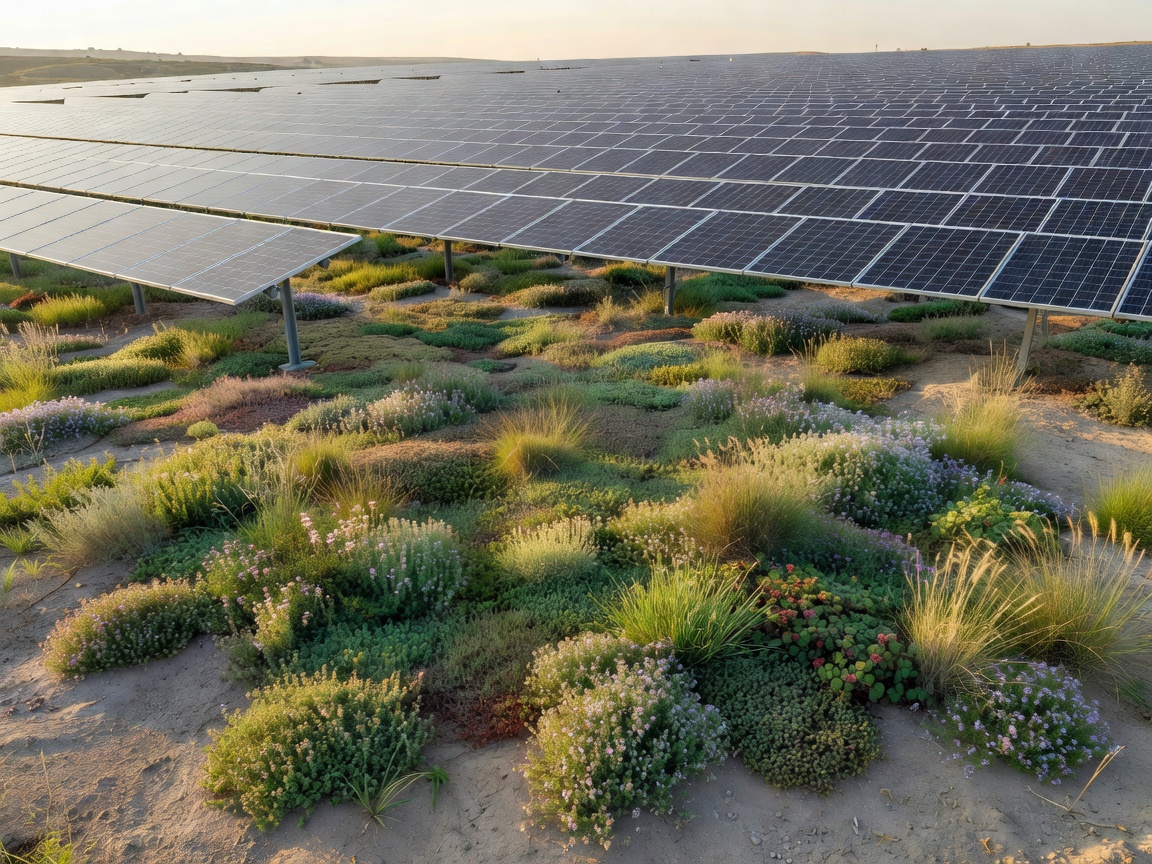 Natural low-growth ground cover establishing itself safely beneath solar arrays
