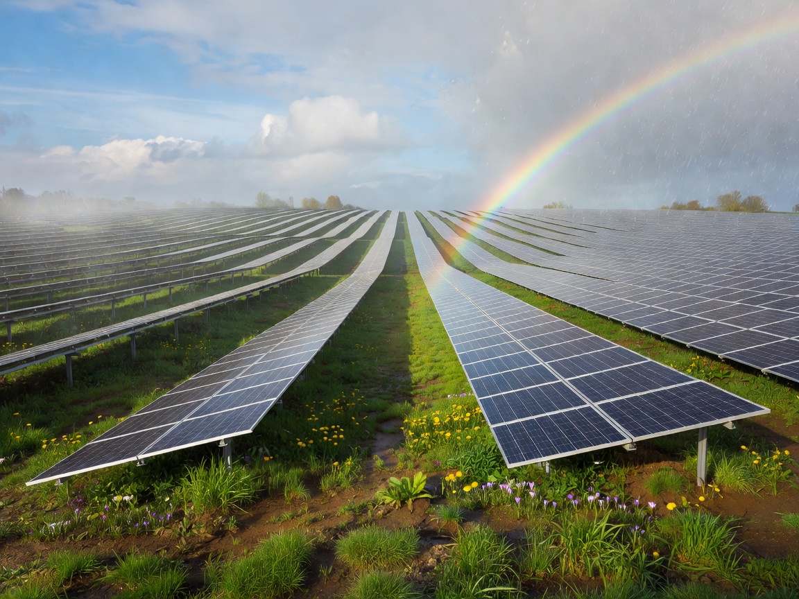 Solar arrays under varying seasonal weather conditions showcasing early spring growth