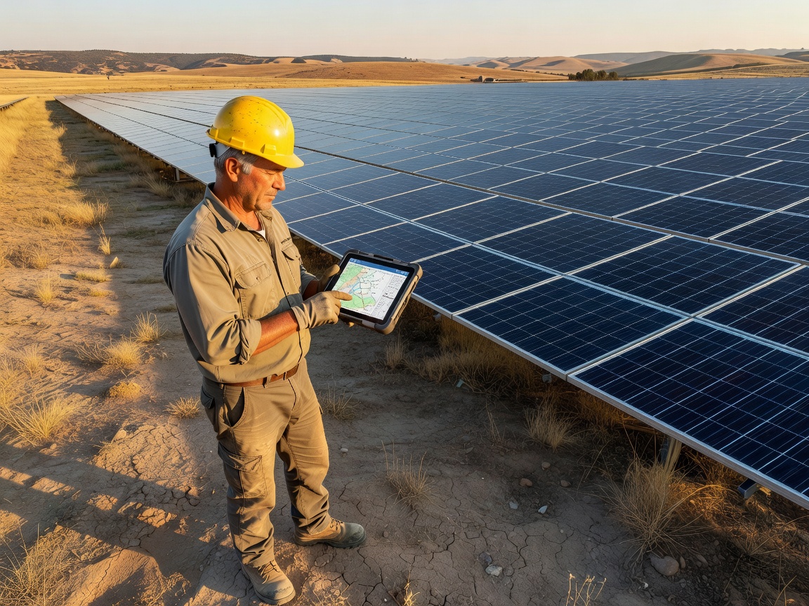 Surveyor reviewing a tablet field map while standing next to a large solar array