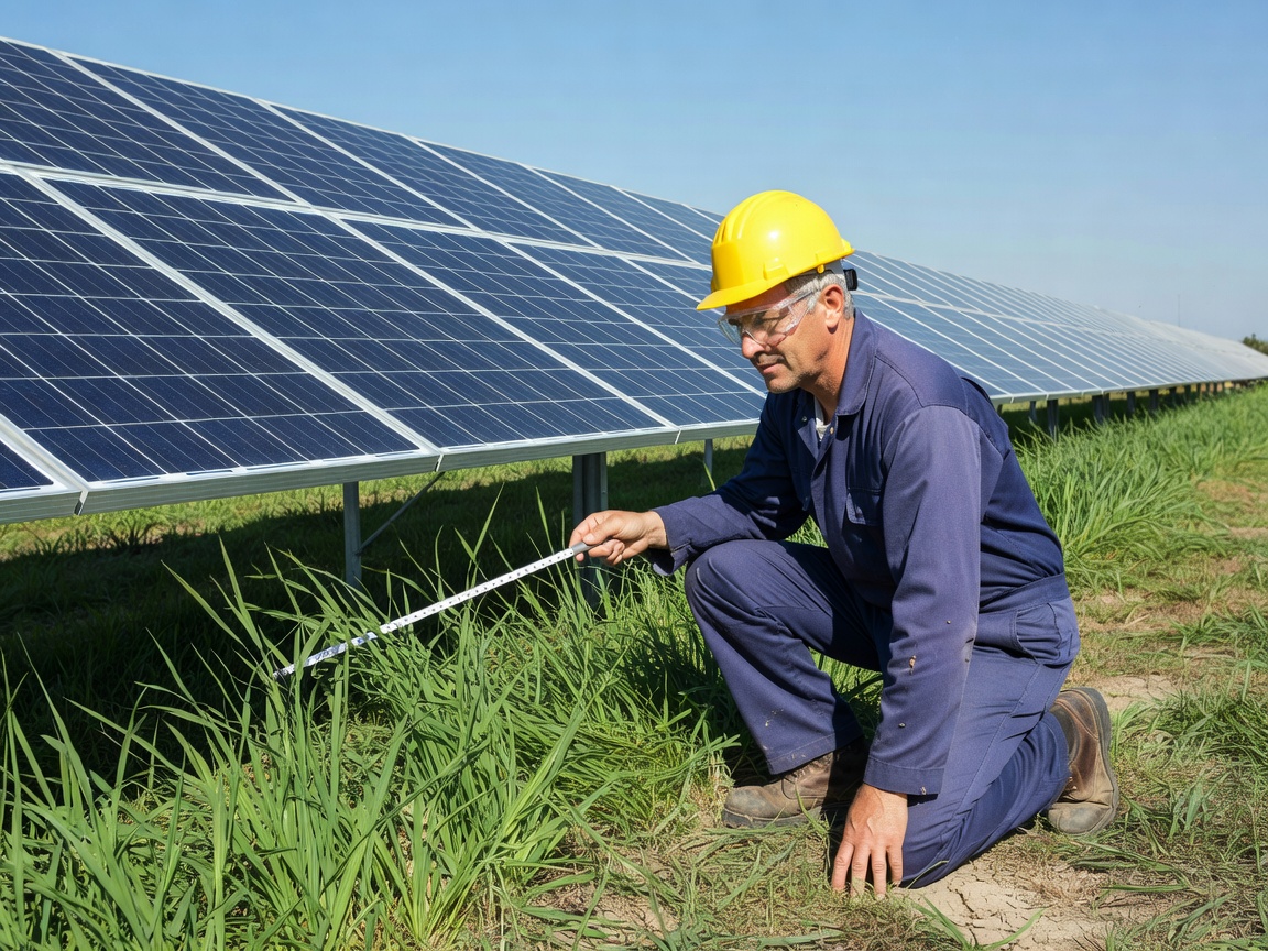 Technician inspecting grass height underneath a row of solar panels
