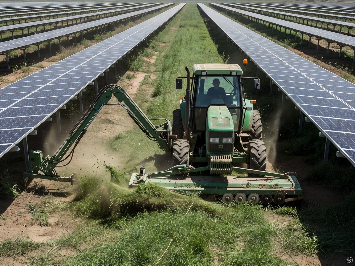 Tractor with a specialized side-mower trimming grass between solar rows